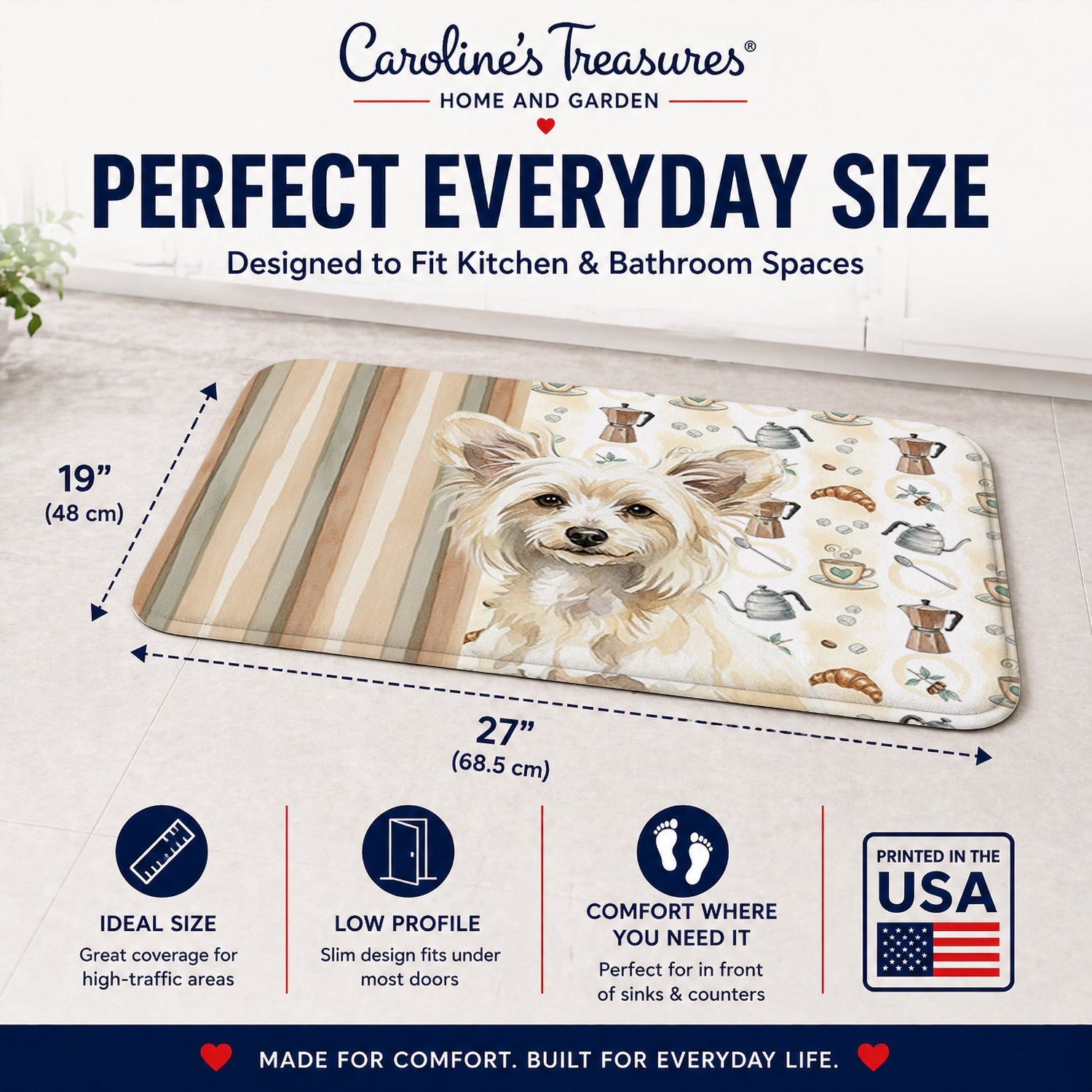 Powderpuff Chinese Crested Coffee Bar Memory Foam Kitchen Mat Machine Washable Anti-Fatigue Cushion Comfort Bath or Kitchen Rug