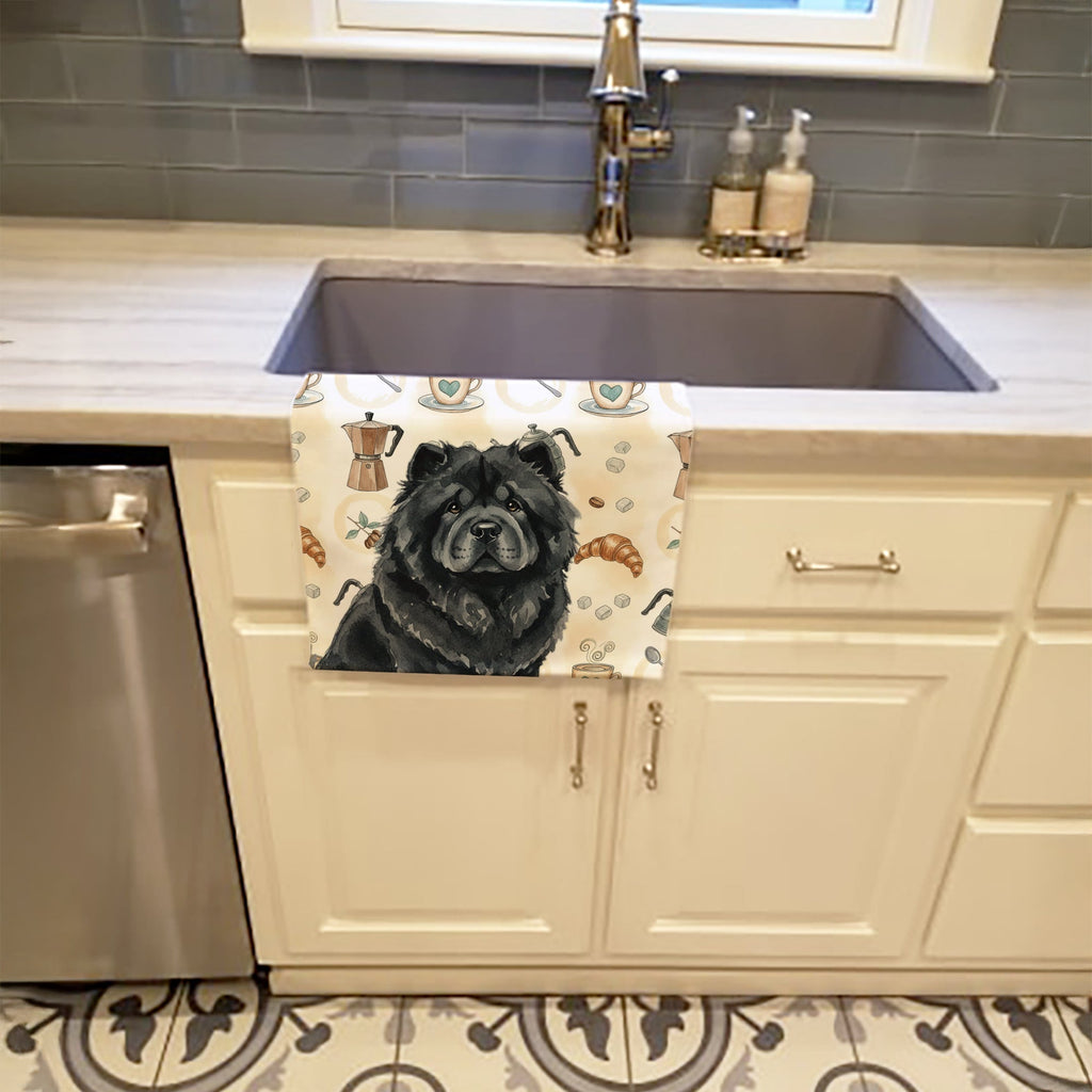 Black Chow Chow Coffee Bar Kitchen Towel Velour Plush Front and Cotton Loop Back Machine Washable