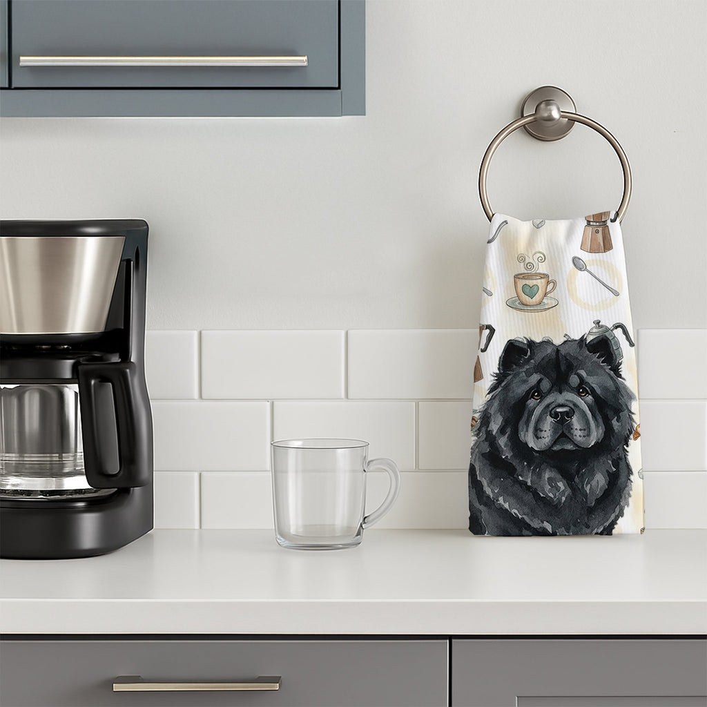 Black Chow Chow Coffee Bar Kitchen Towel Velour Plush Front and Cotton Loop Back Machine Washable