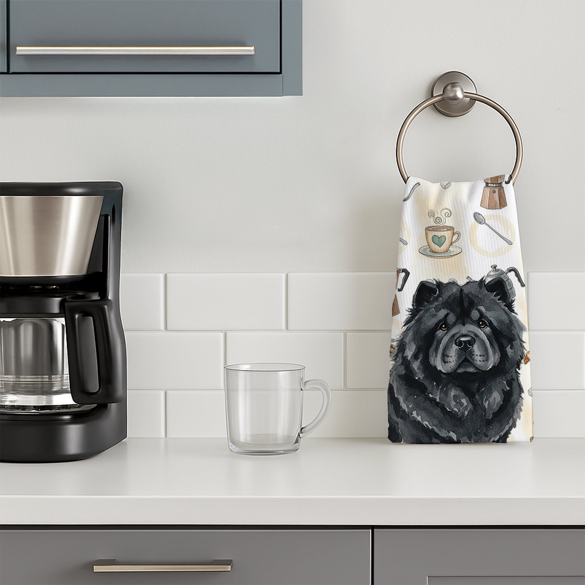 Black Chow Chow Coffee Bar Kitchen Towel Velour Plush Front and Cotton Loop Back Machine Washable