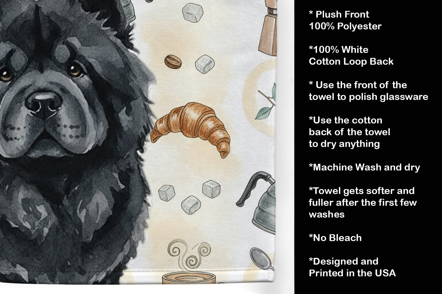 Black Chow Chow Coffee Bar Kitchen Towel Velour Plush Front and Cotton Loop Back Machine Washable