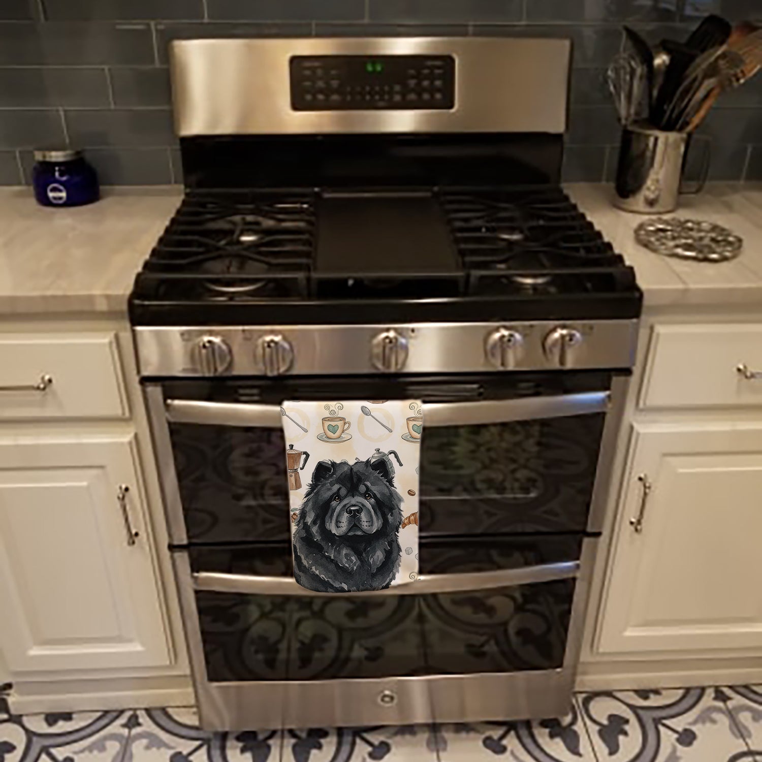 Black Chow Chow Coffee Bar Kitchen Towel Velour Plush Front and Cotton Loop Back Machine Washable