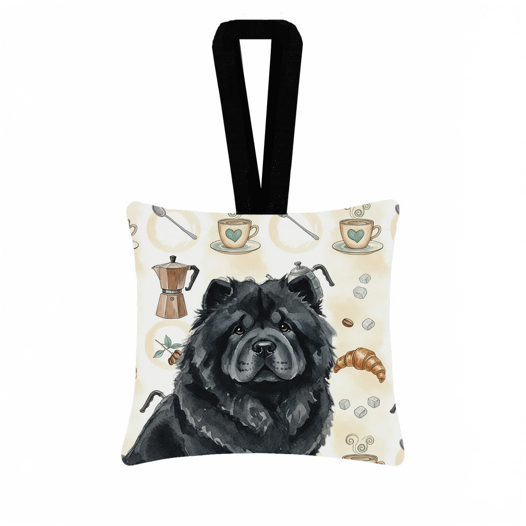 Black Chow Chow Coffee Bar Hanging Square Fabric Ornament 3.5 � 3.5 Decorative Door-Knob & Tree Hanger, Soft Fabric