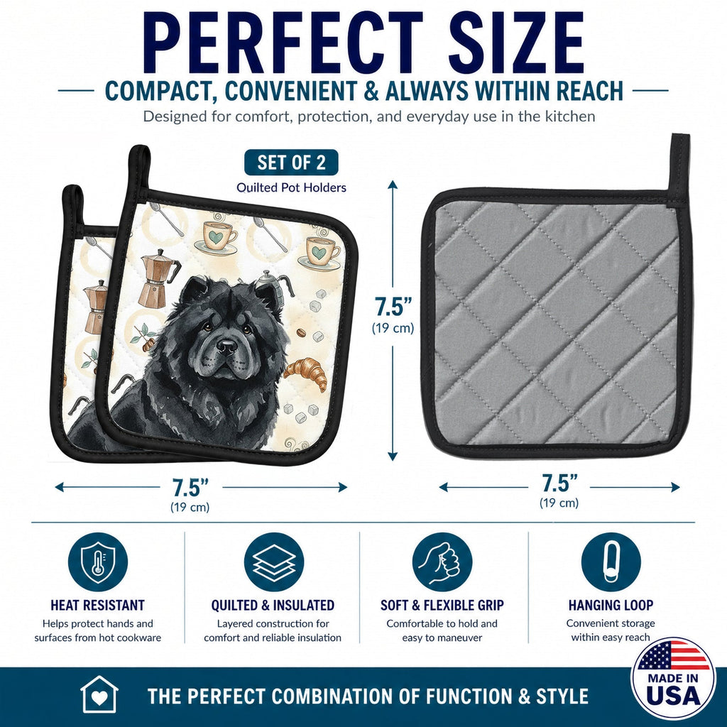 Black Chow Chow Coffee Bar Pot Holder Set of 2 Heat Resistant Quilted Hot Pads 7.5 x 7.5 Inch, Insulated Kitchen Trivets for Cooking & Baking