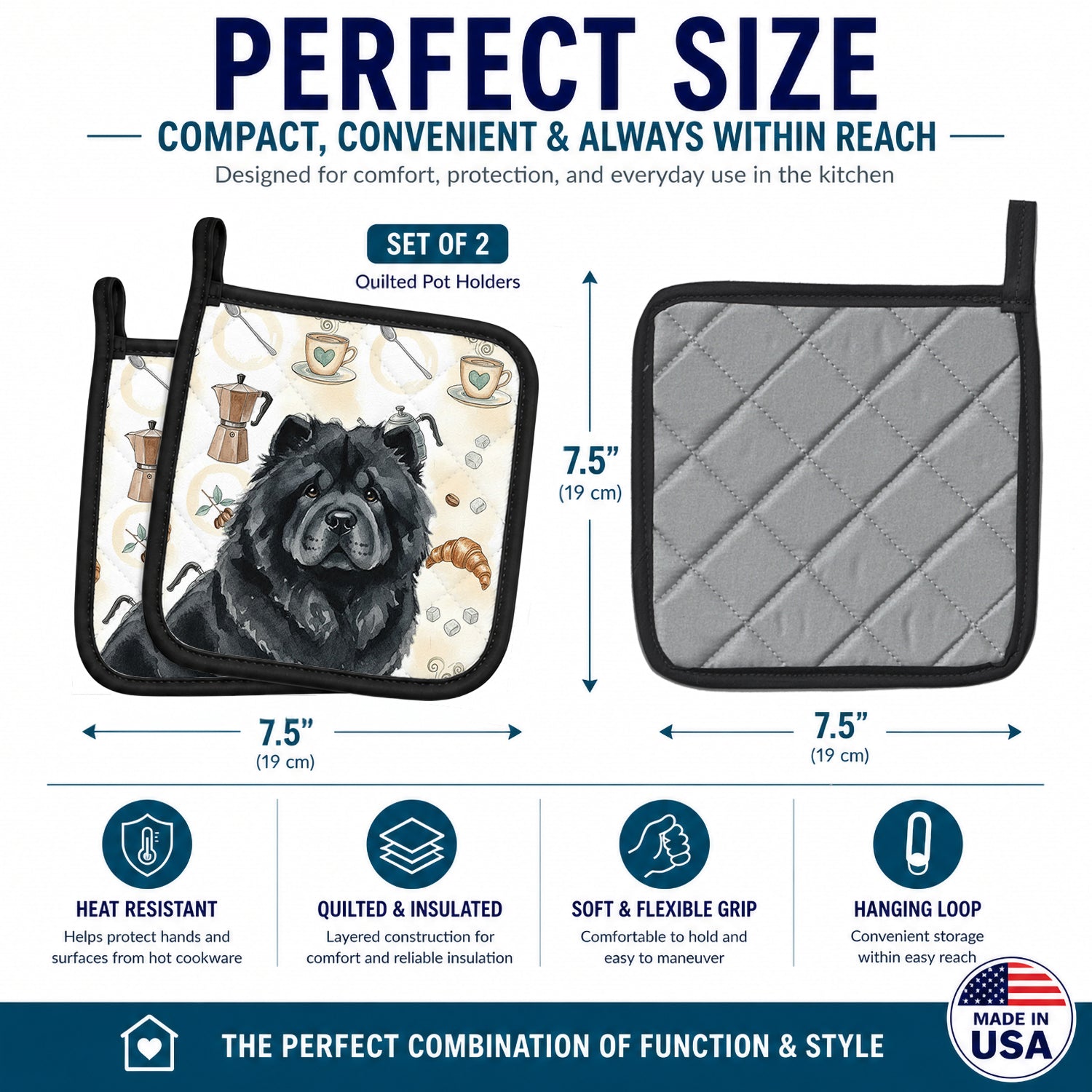 Black Chow Chow Coffee Bar Pot Holder Set of 2 Heat Resistant Quilted Hot Pads 7.5 x 7.5 Inch, Insulated Kitchen Trivets for Cooking & Baking