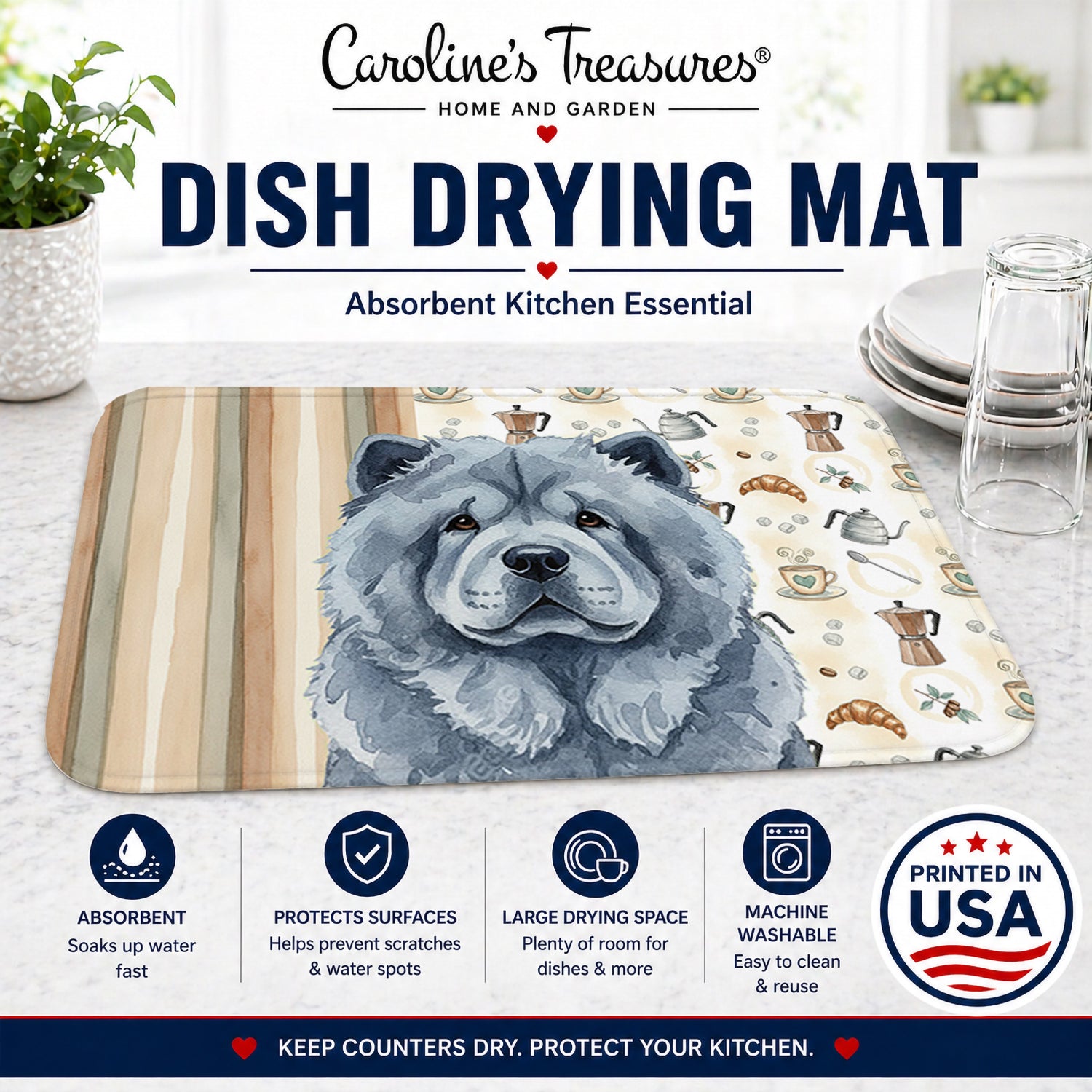Blue Chow Chow Coffee Bar Dish Drying Mat Absorbent Dish Drying Mat Pad for Kitchen Counter Dish Drainer Mat for Countertop, 14 x 21", Multicolor