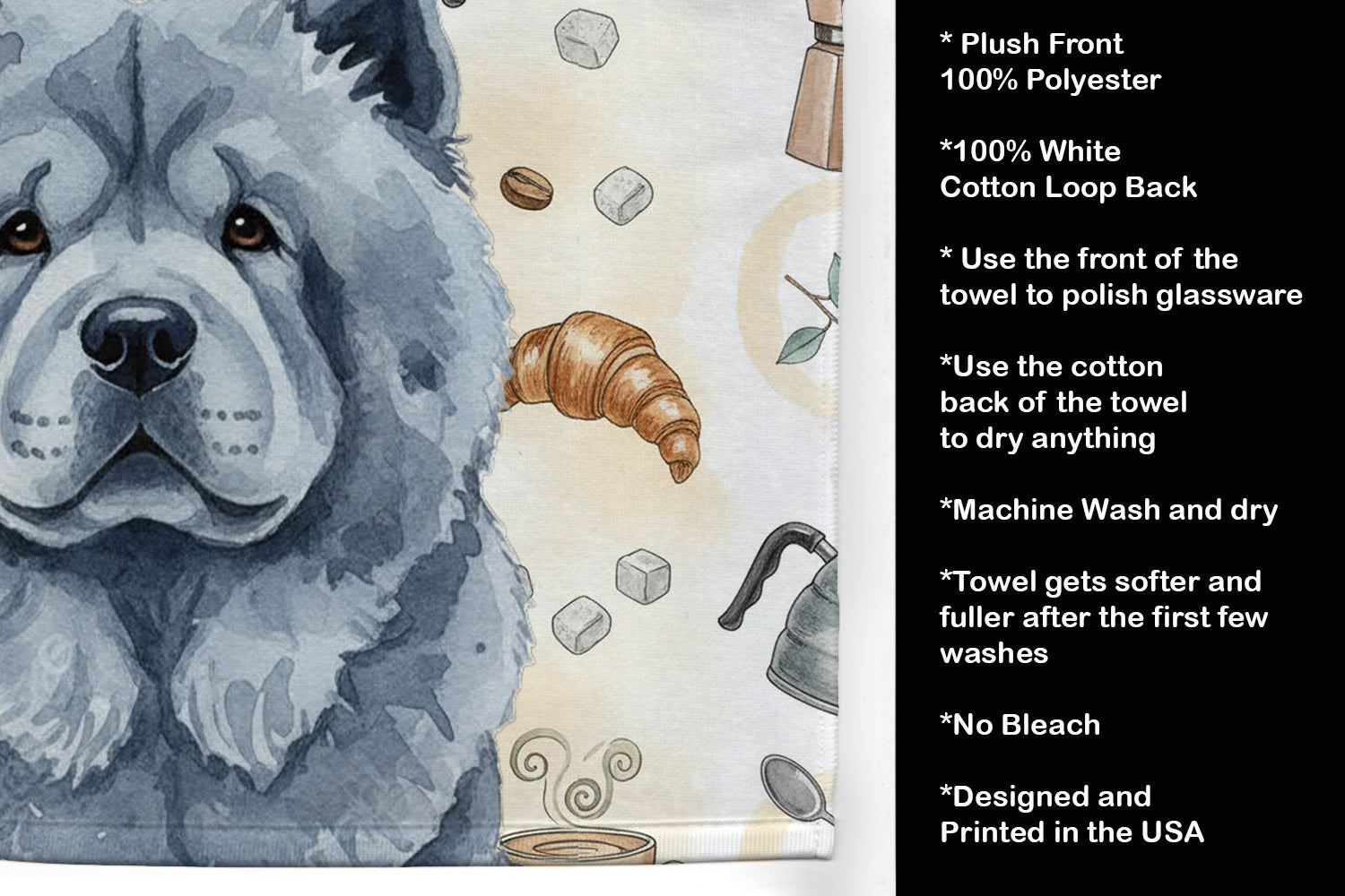 Blue Chow Chow Coffee Bar Kitchen Towel Velour Plush Front and Cotton Loop Back Machine Washable