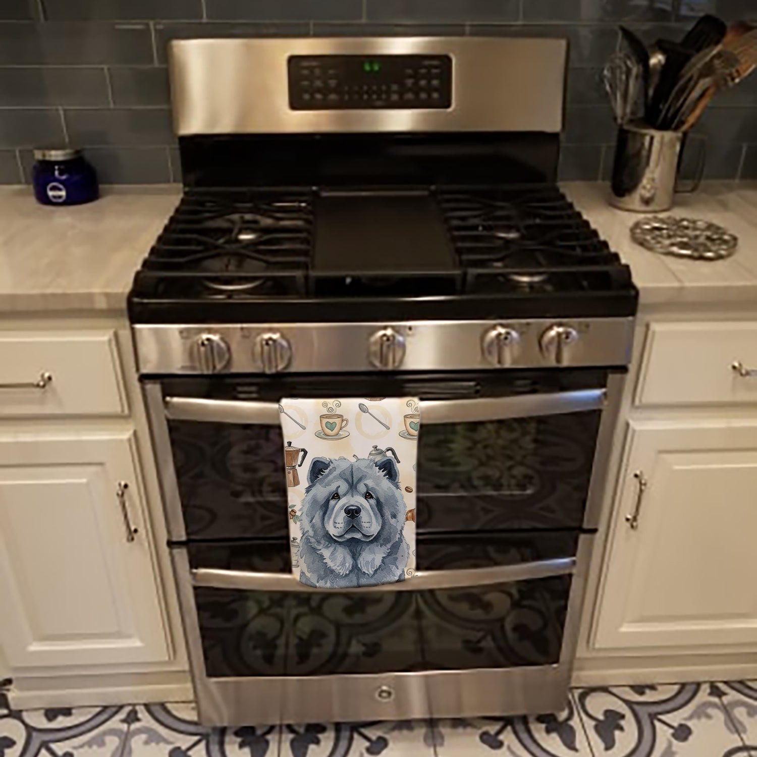 Blue Chow Chow Coffee Bar Kitchen Towel Velour Plush Front and Cotton Loop Back Machine Washable
