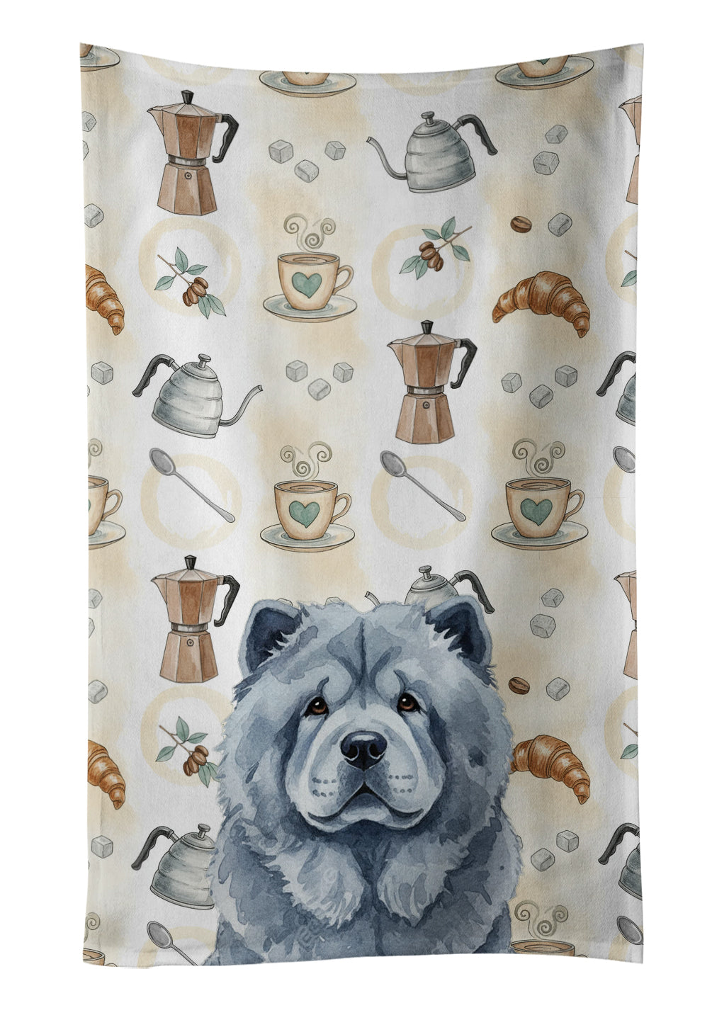 Blue Chow Chow Coffee Bar Kitchen Towel Velour Plush Front and Cotton Loop Back Machine Washable