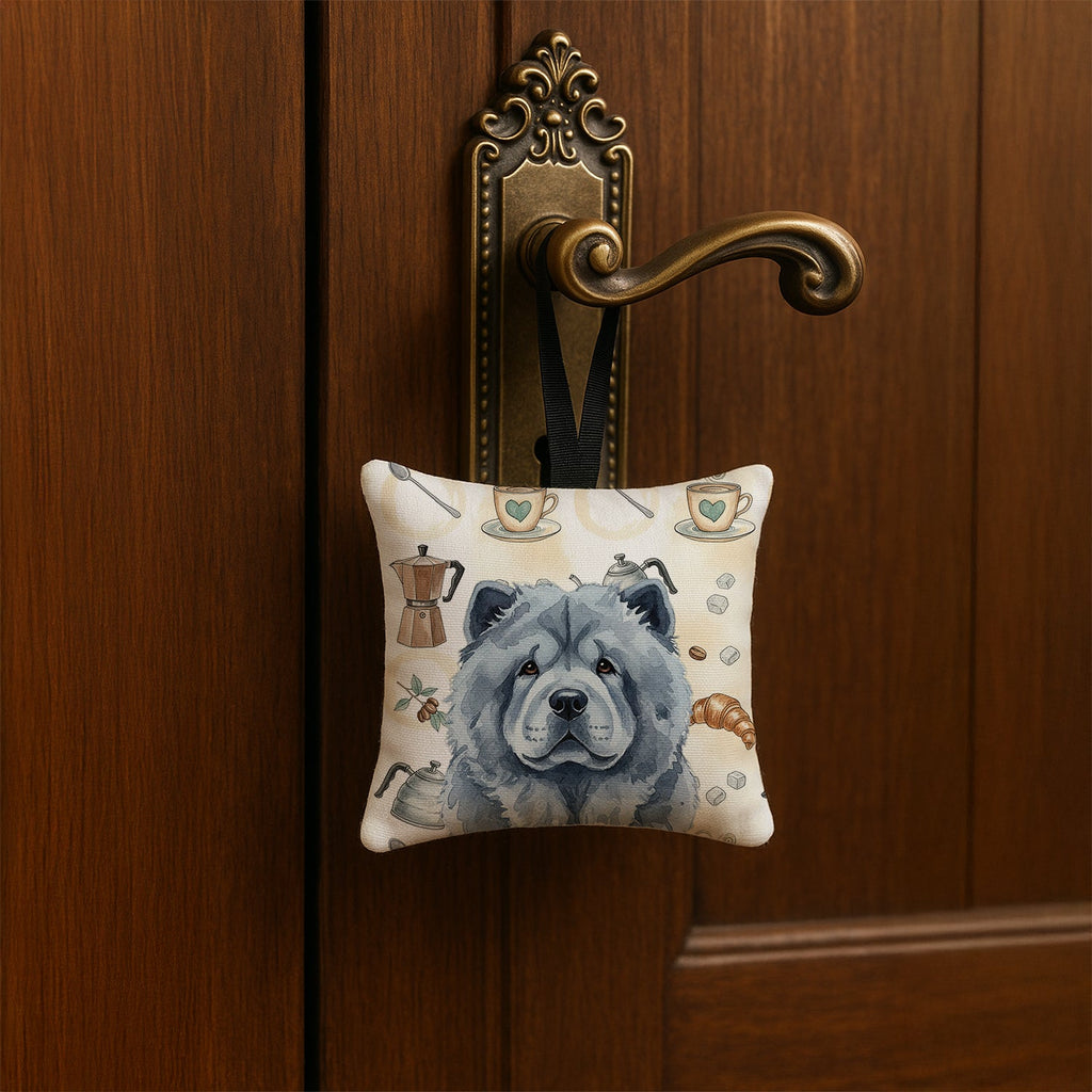 Blue Chow Chow Coffee Bar Hanging Square Fabric Ornament 3.5 � 3.5 Decorative Door-Knob & Tree Hanger, Soft Fabric