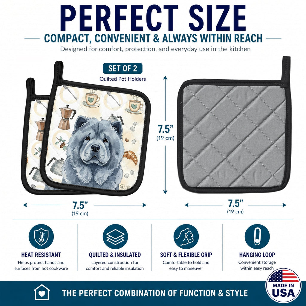 Blue Chow Chow Coffee Bar Pot Holder Set of 2 Heat Resistant Quilted Hot Pads 7.5 x 7.5 Inch, Insulated Kitchen Trivets for Cooking & Baking