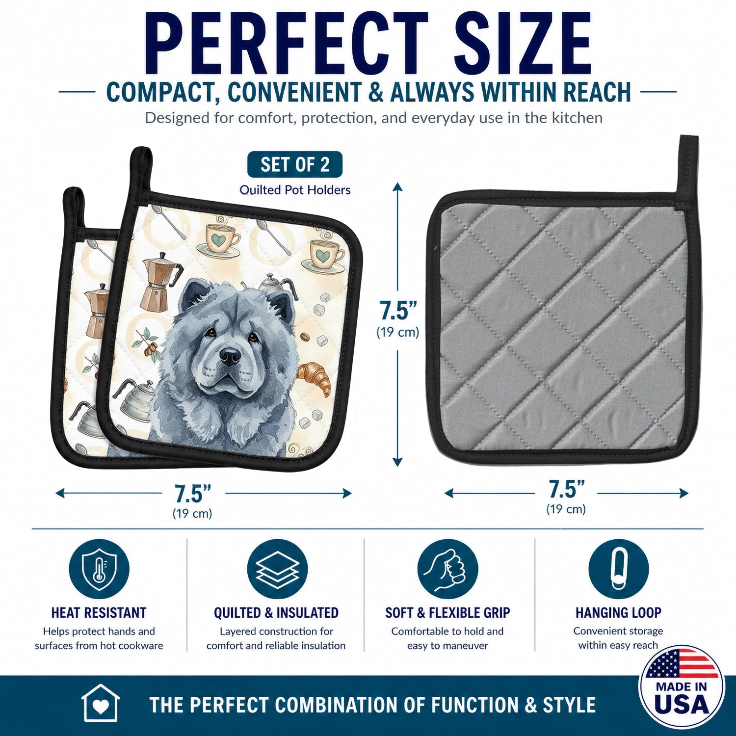 Blue Chow Chow Coffee Bar Pot Holder Set of 2 Heat Resistant Quilted Hot Pads 7.5 x 7.5 Inch, Insulated Kitchen Trivets for Cooking & Baking