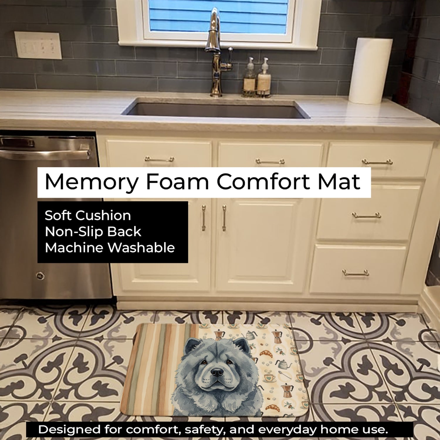 Blue Chow Chow Coffee Bar Memory Foam Kitchen Mat Machine Washable Anti-Fatigue Cushion Comfort Bath or Kitchen Rug