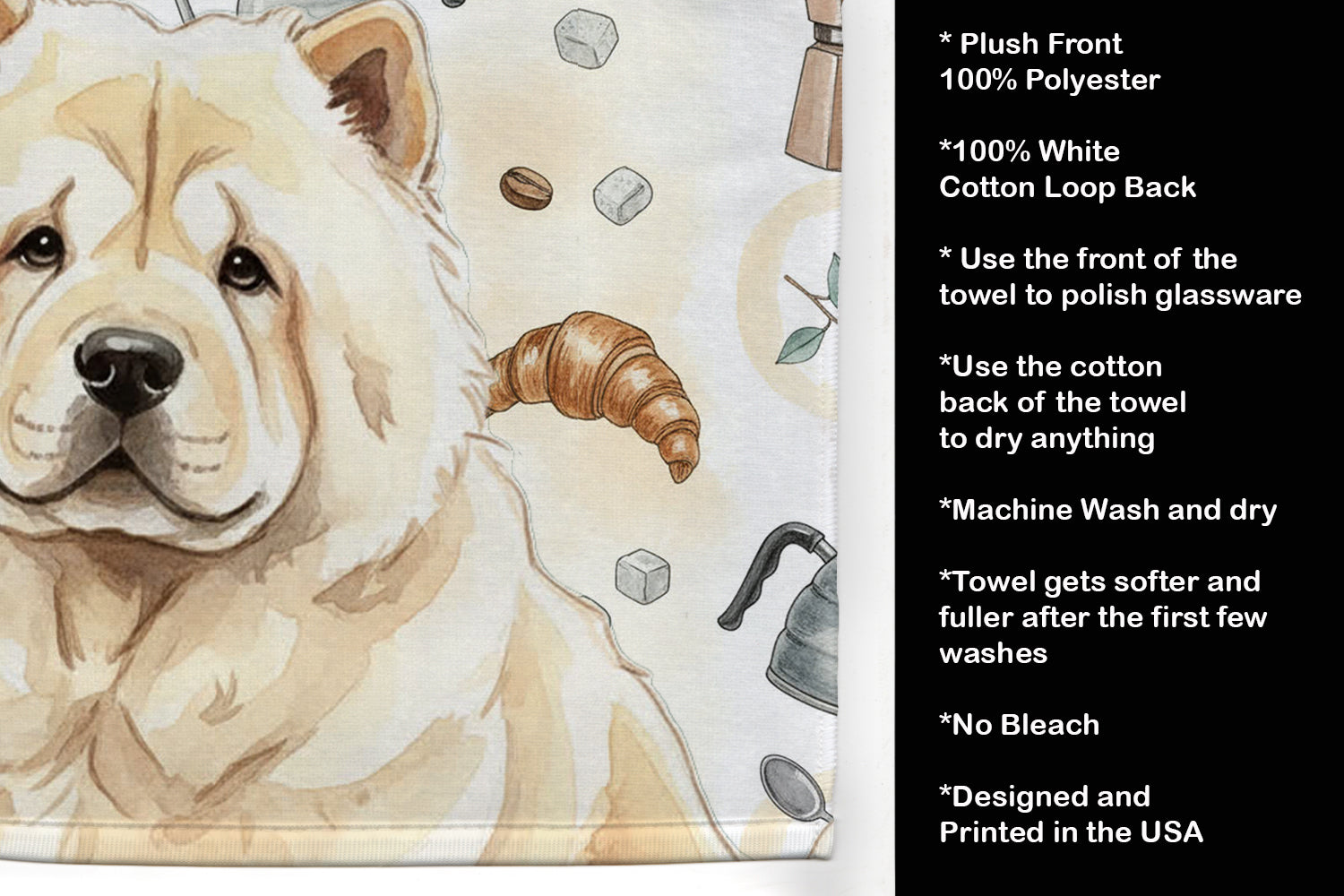 Cream Chow Chow Coffee Bar Kitchen Towel Velour Plush Front and Cotton Loop Back Machine Washable