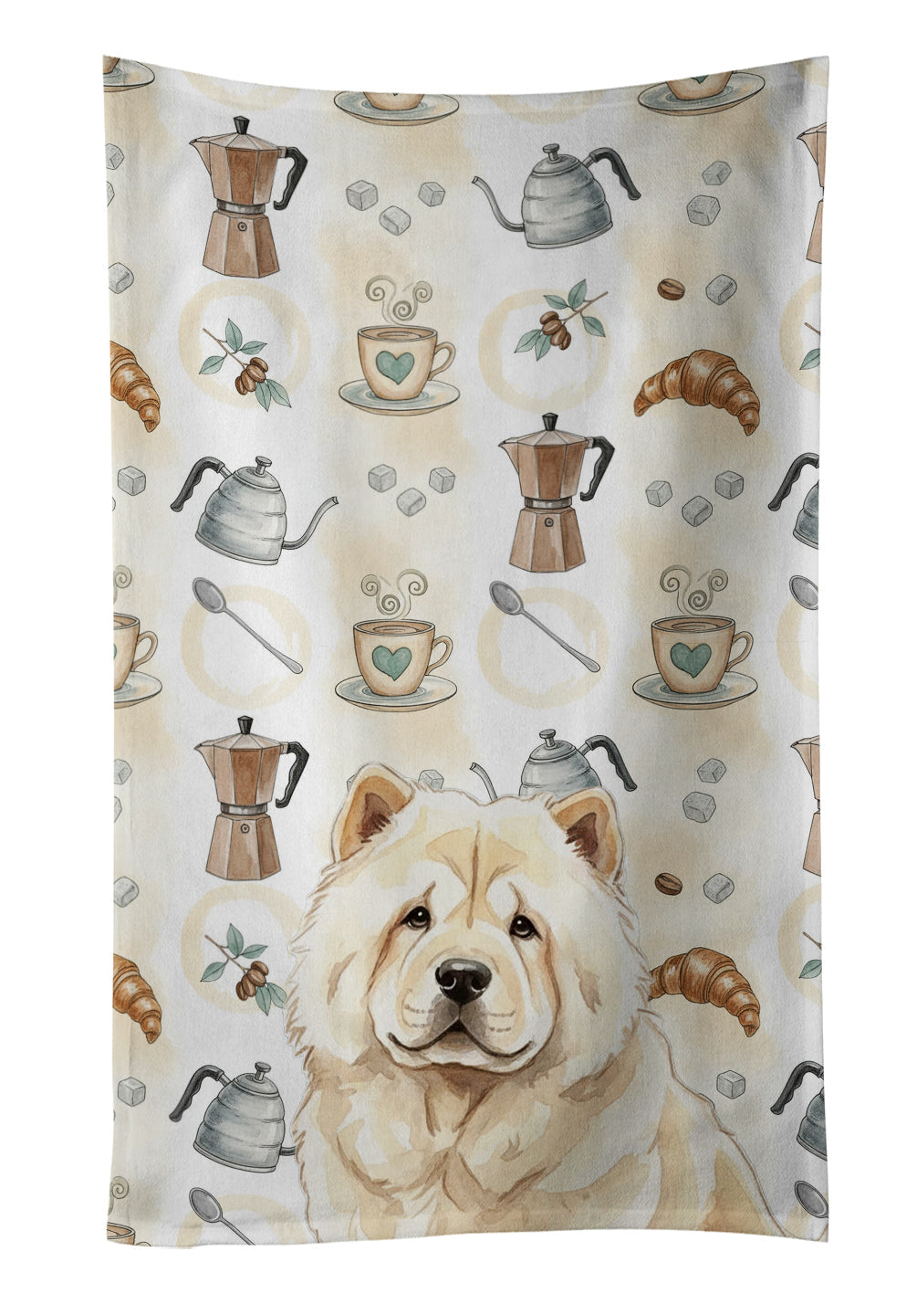Cream Chow Chow Coffee Bar Kitchen Towel Velour Plush Front and Cotton Loop Back Machine Washable