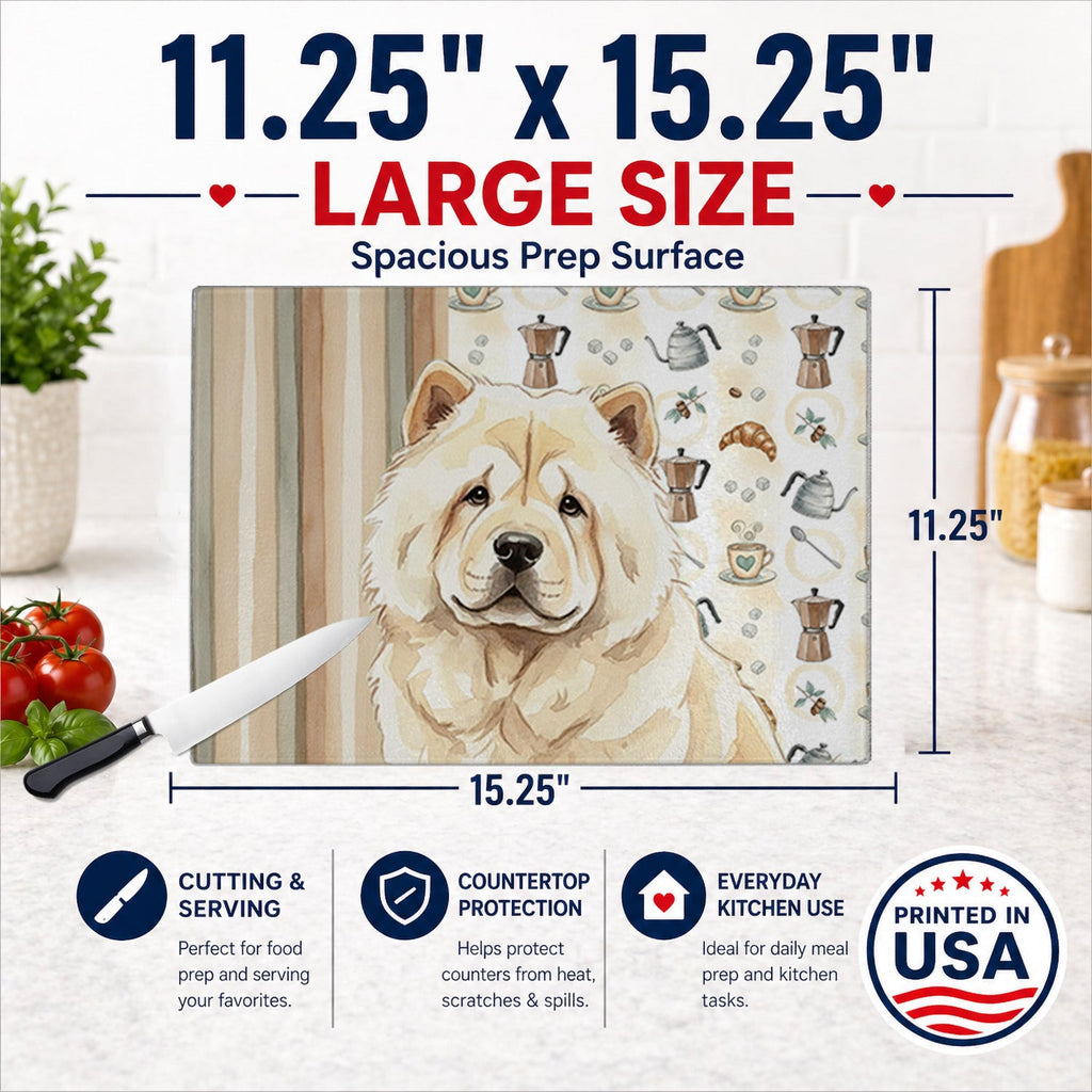 Cream Chow Chow Coffee Bar Cutting Board Tempered Glass Kitchen Cutting Surface, Heat Resistant Chopping, Non-Slip Feet, Food Prep & Serving