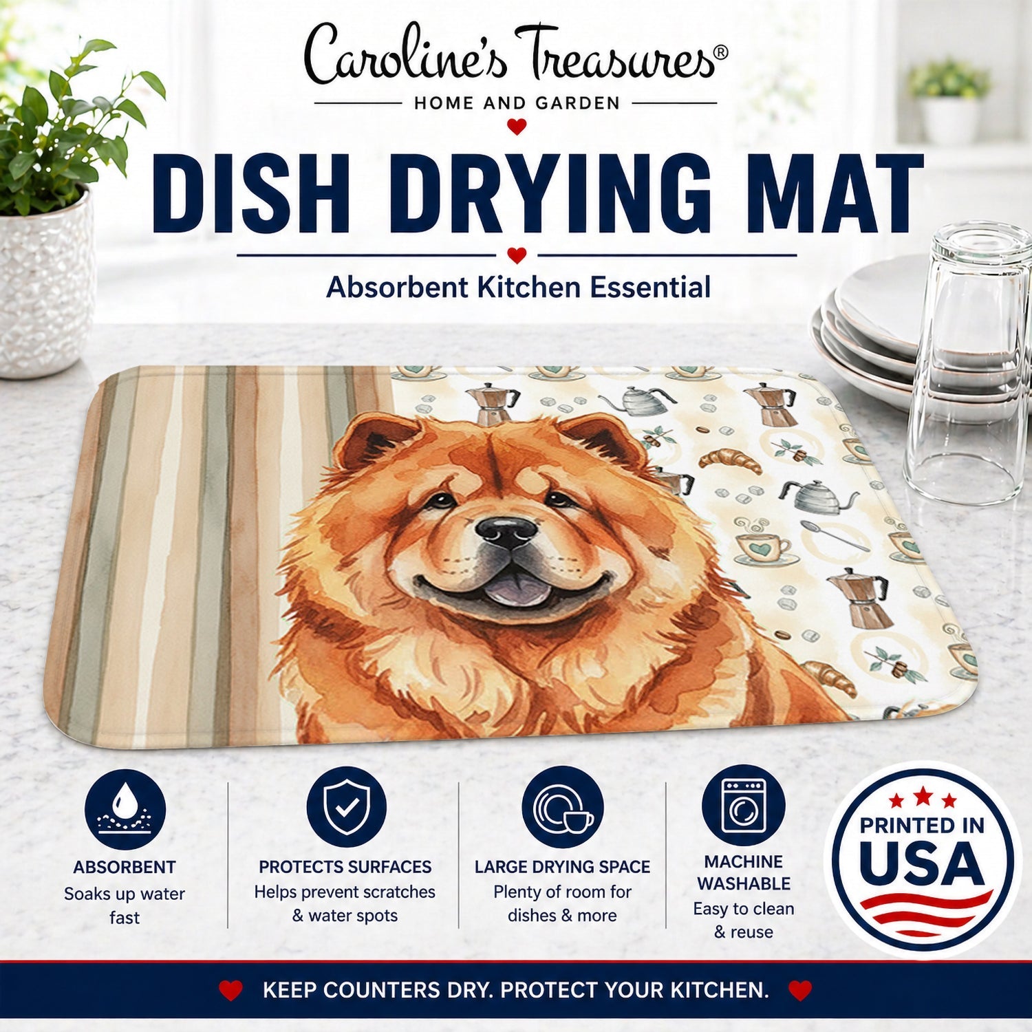 Red Chow Chow Coffee Bar Dish Drying Mat Absorbent Dish Drying Mat Pad for Kitchen Counter Dish Drainer Mat for Countertop, 14 x 21", Multicolor