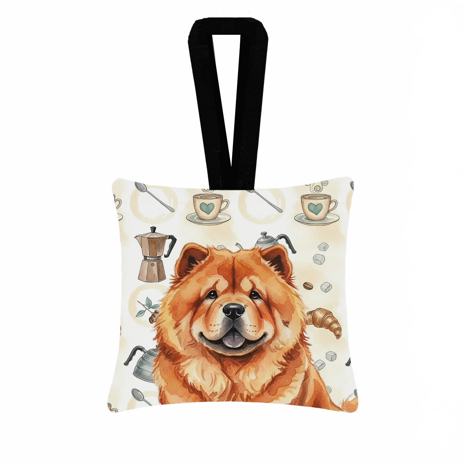 Red Chow Chow Coffee Bar Hanging Square Fabric Ornament 3.5 � 3.5 Decorative Door-Knob & Tree Hanger, Soft Fabric