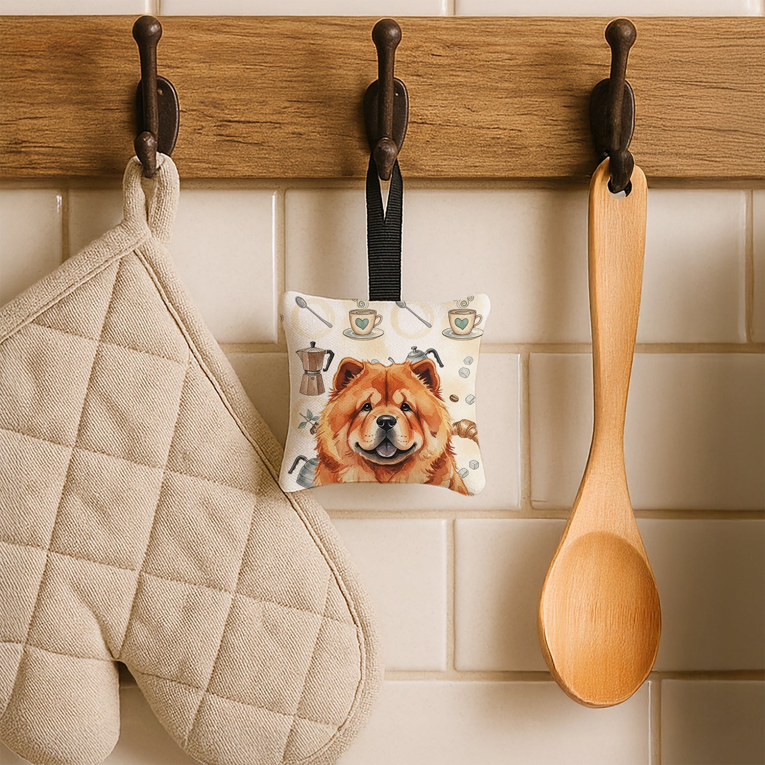Red Chow Chow Coffee Bar Hanging Square Fabric Ornament 3.5 � 3.5 Decorative Door-Knob & Tree Hanger, Soft Fabric