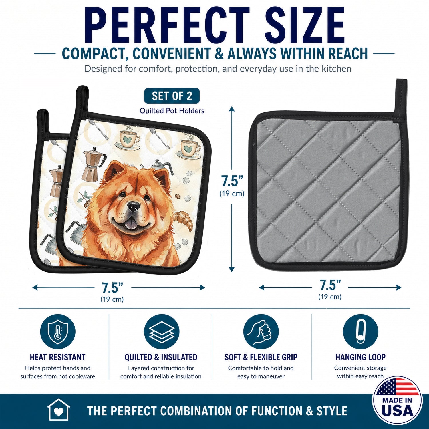 Red Chow Chow Coffee Bar Pot Holder Set of 2 Heat Resistant Quilted Hot Pads 7.5 x 7.5 Inch, Insulated Kitchen Trivets for Cooking & Baking