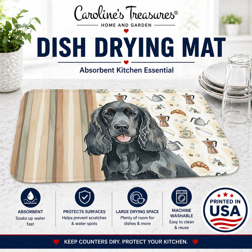 Black Cocker Spaniel Coffee Bar Dish Drying Mat Absorbent Dish Drying Mat Pad for Kitchen Counter Dish Drainer Mat for Countertop, 14 x 21", Multicolor