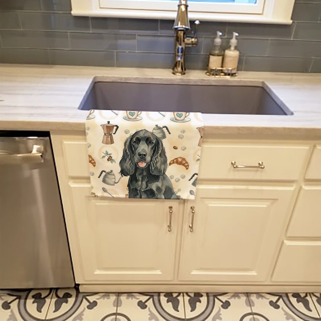 Black Cocker Spaniel Coffee Bar Kitchen Towel Velour Plush Front and Cotton Loop Back Machine Washable