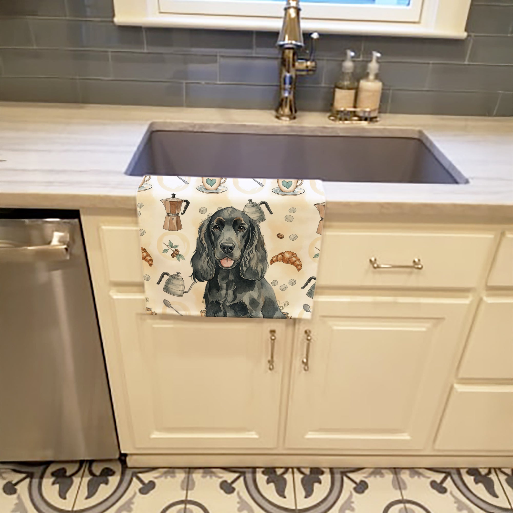 Black Cocker Spaniel Coffee Bar Kitchen Towel Velour Plush Front and Cotton Loop Back Machine Washable