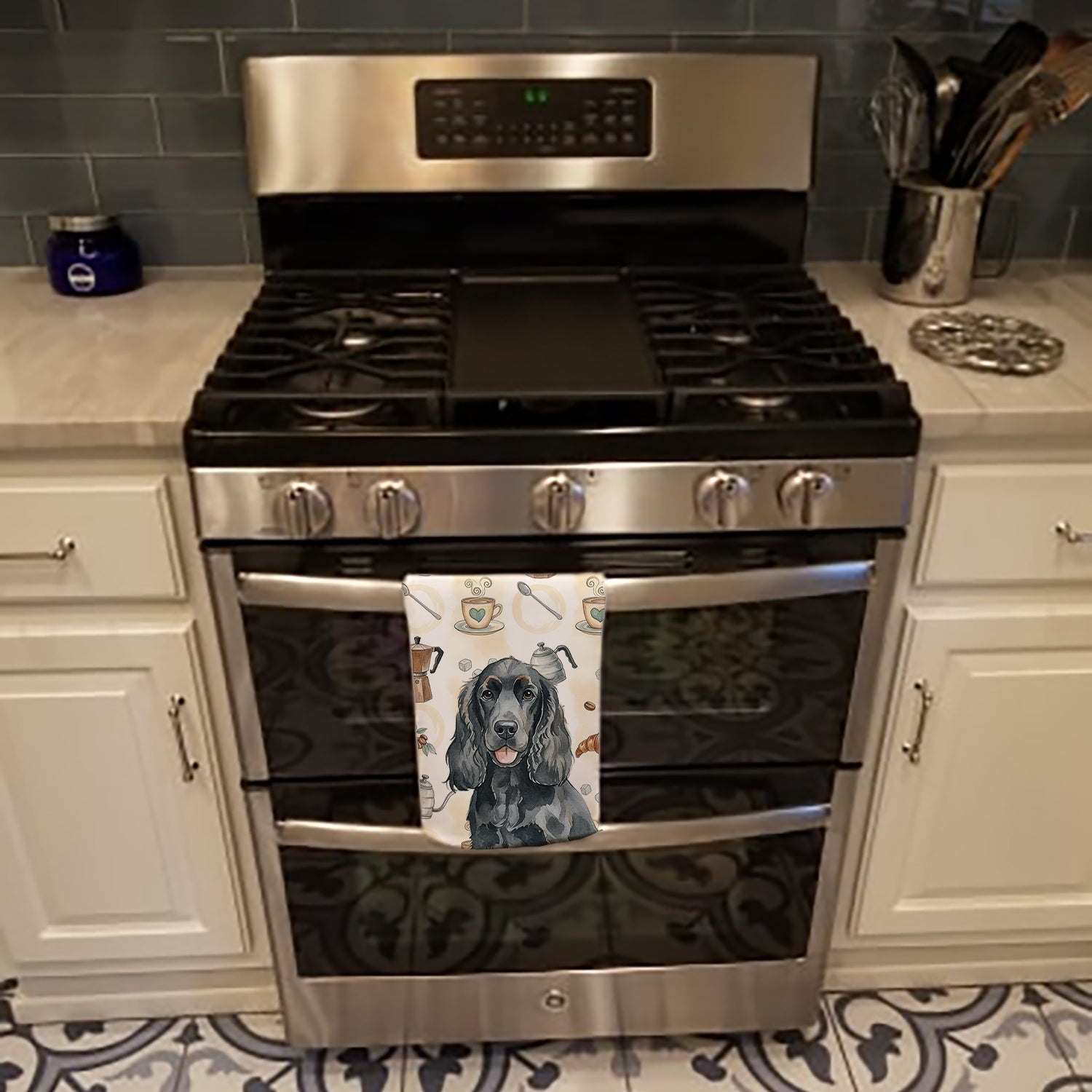 Black Cocker Spaniel Coffee Bar Kitchen Towel Velour Plush Front and Cotton Loop Back Machine Washable