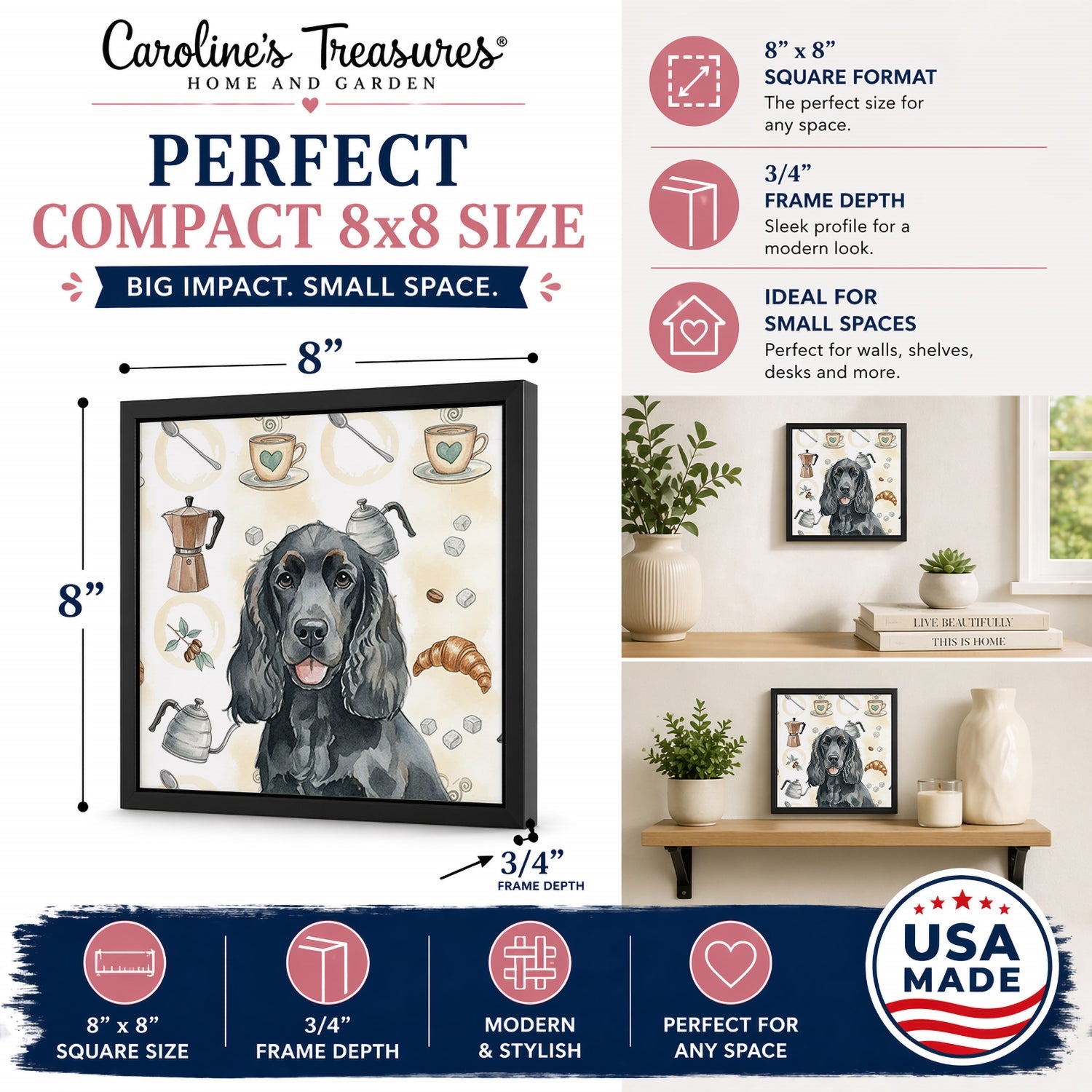Black Cocker Spaniel Coffee Bar Framed Metal Print Bathroom, Kitchen, Office, Home Decor Wall Art Ready to Hang, Square, 8X8