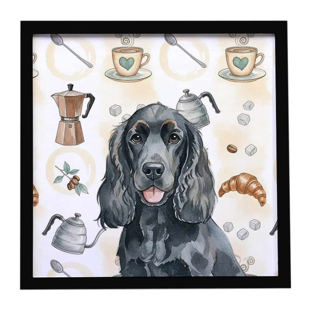 Black Cocker Spaniel Coffee Bar Framed Metal Print Bathroom, Kitchen, Office, Home Decor Wall Art Ready to Hang, Square, 8X8