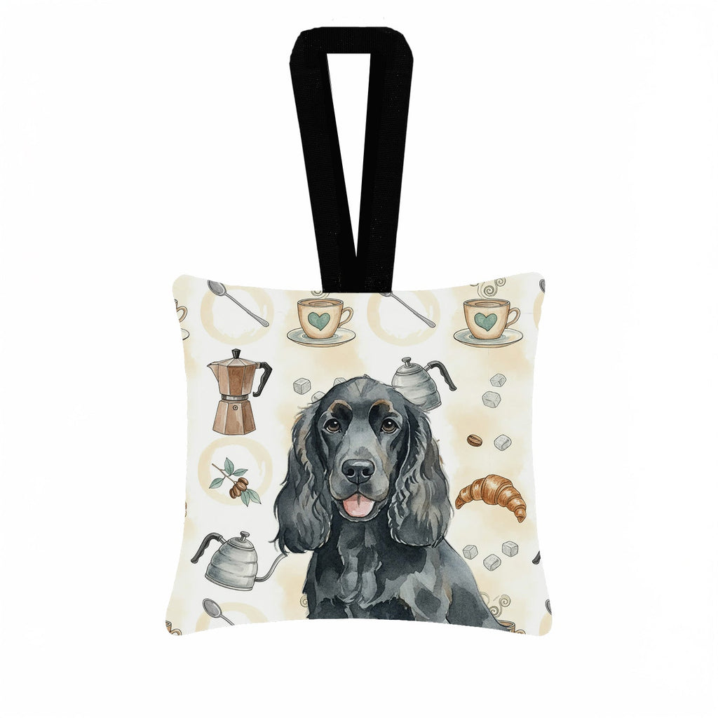 Black Cocker Spaniel Coffee Bar Hanging Square Fabric Ornament 3.5 � 3.5 Decorative Door-Knob & Tree Hanger, Soft Fabric
