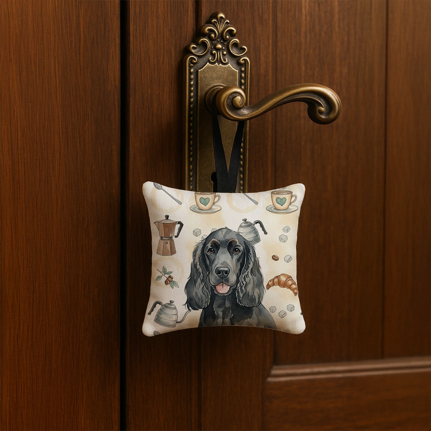 Black Cocker Spaniel Coffee Bar Hanging Square Fabric Ornament 3.5 � 3.5 Decorative Door-Knob & Tree Hanger, Soft Fabric