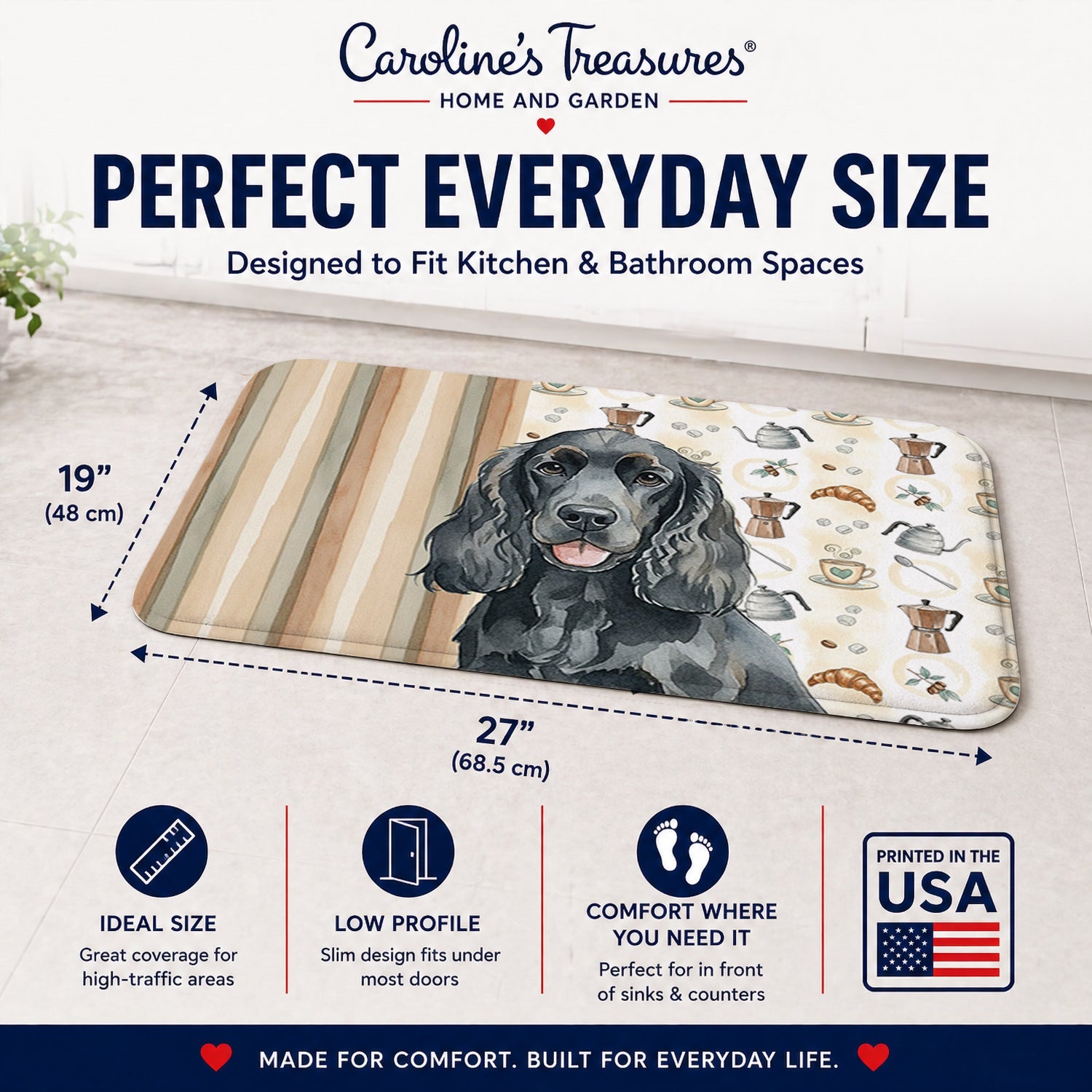 Black Cocker Spaniel Coffee Bar Memory Foam Kitchen Mat Machine Washable Anti-Fatigue Cushion Comfort Bath or Kitchen Rug