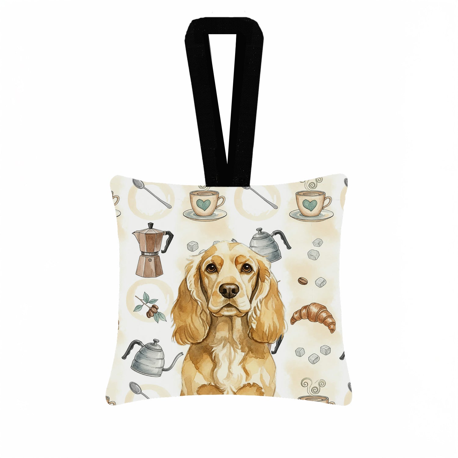 Buff Cocker Spaniel Coffee Bar Hanging Square Fabric Ornament 3.5 � 3.5 Decorative Door-Knob & Tree Hanger, Soft Fabric