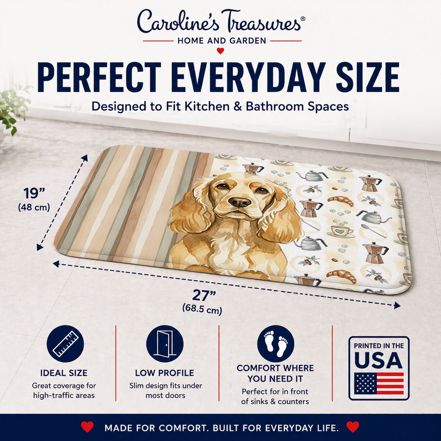 Buff Cocker Spaniel Coffee Bar Memory Foam Kitchen Mat Machine Washable Anti-Fatigue Cushion Comfort Bath or Kitchen Rug