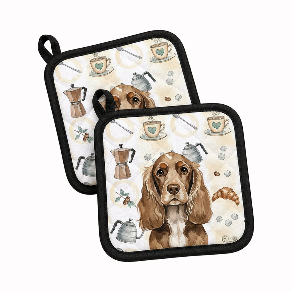 Chocolate Cocker Spaniel Coffee Bar Pot Holder Set of 2 Heat Resistant Quilted Hot Pads 7.5 x 7.5 Inch, Insulated Kitchen Trivets for Cooking & Baking
