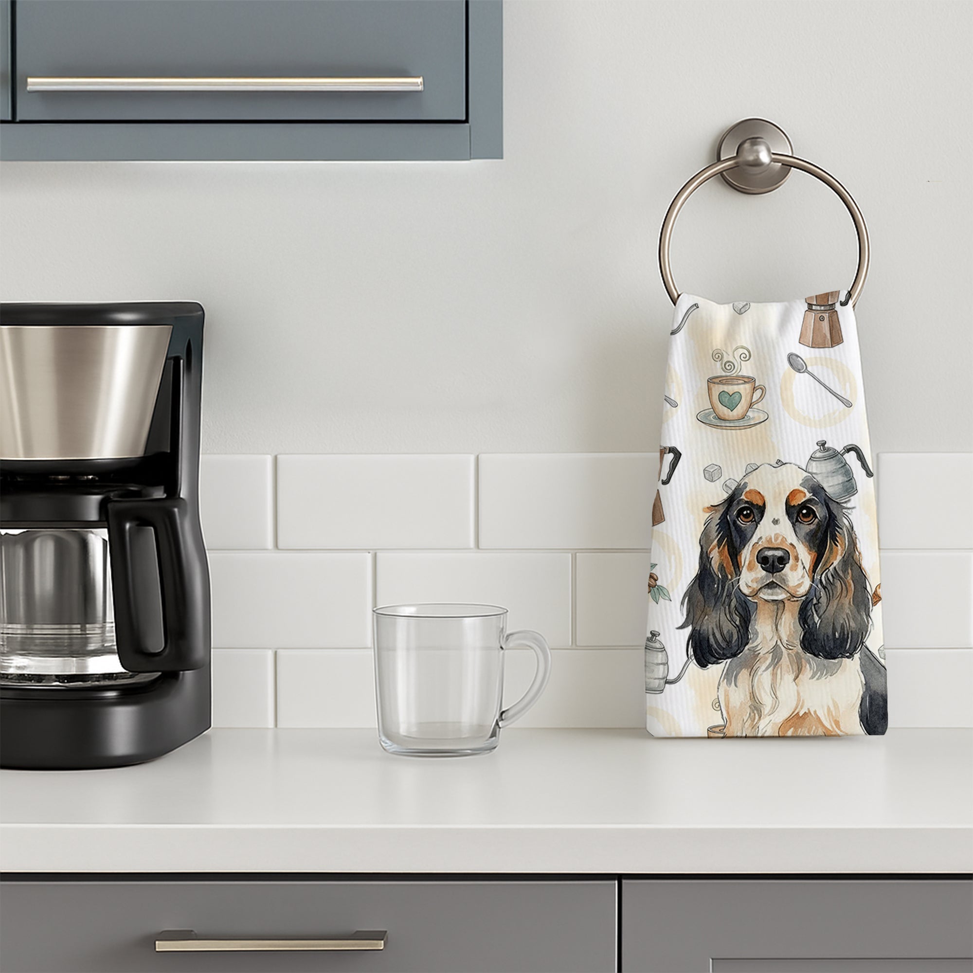 Parti Cocker Spaniel Coffee Bar Kitchen Towel Velour Plush Front and Cotton Loop Back Machine Washable