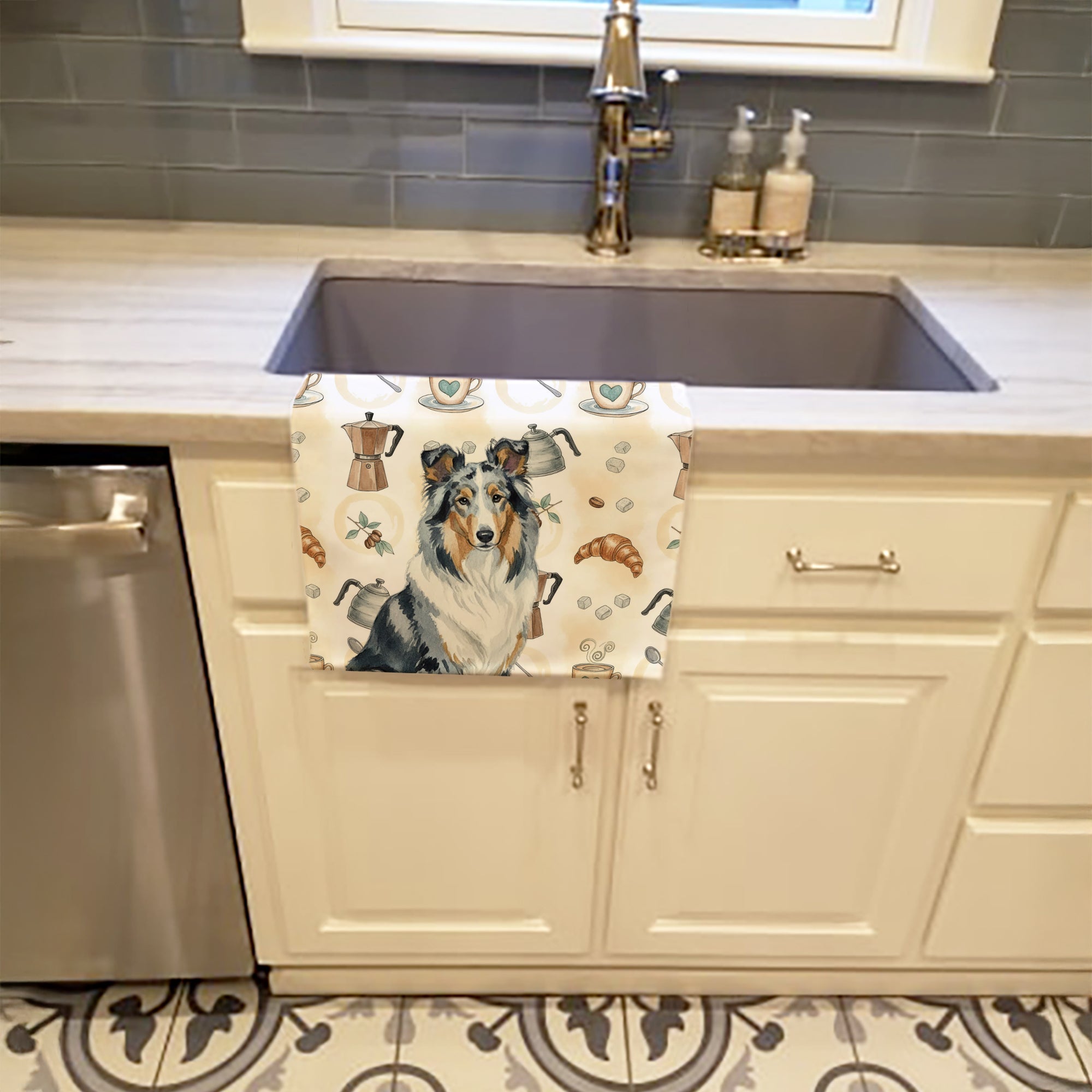 Blue Merle Collie Coffee Bar Kitchen Towel Velour Plush Front and Cotton Loop Back Machine Washable