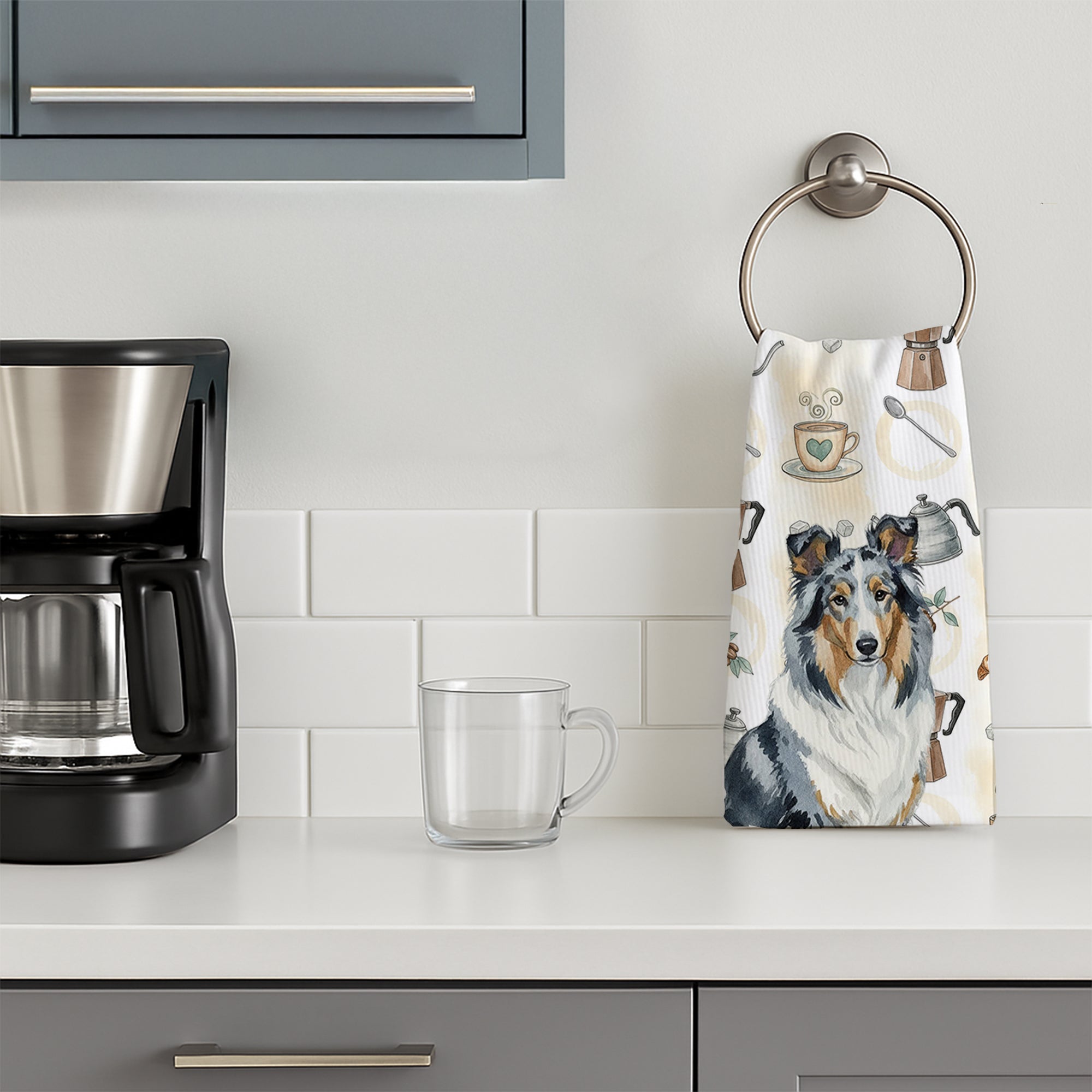 Blue Merle Collie Coffee Bar Kitchen Towel Velour Plush Front and Cotton Loop Back Machine Washable