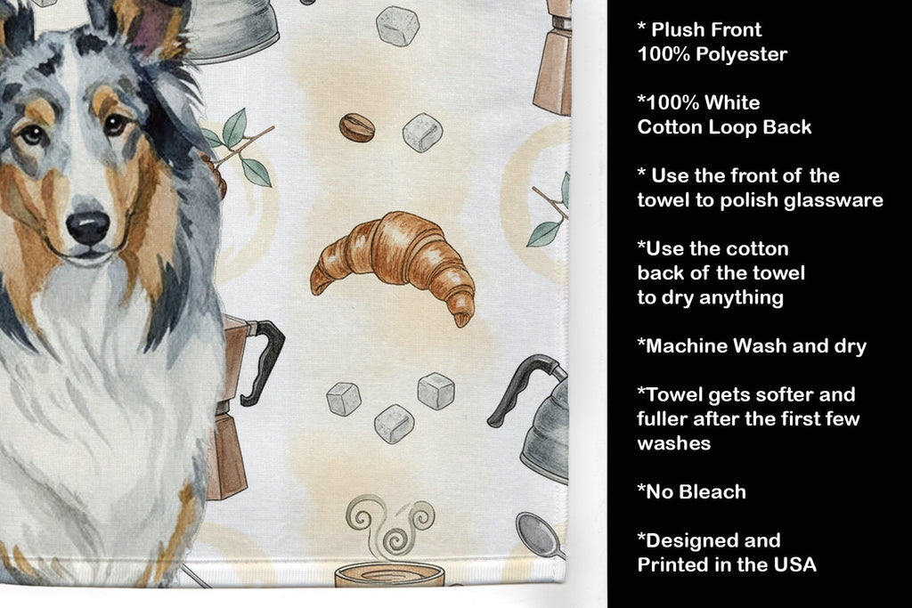 Blue Merle Collie Coffee Bar Kitchen Towel Velour Plush Front and Cotton Loop Back Machine Washable