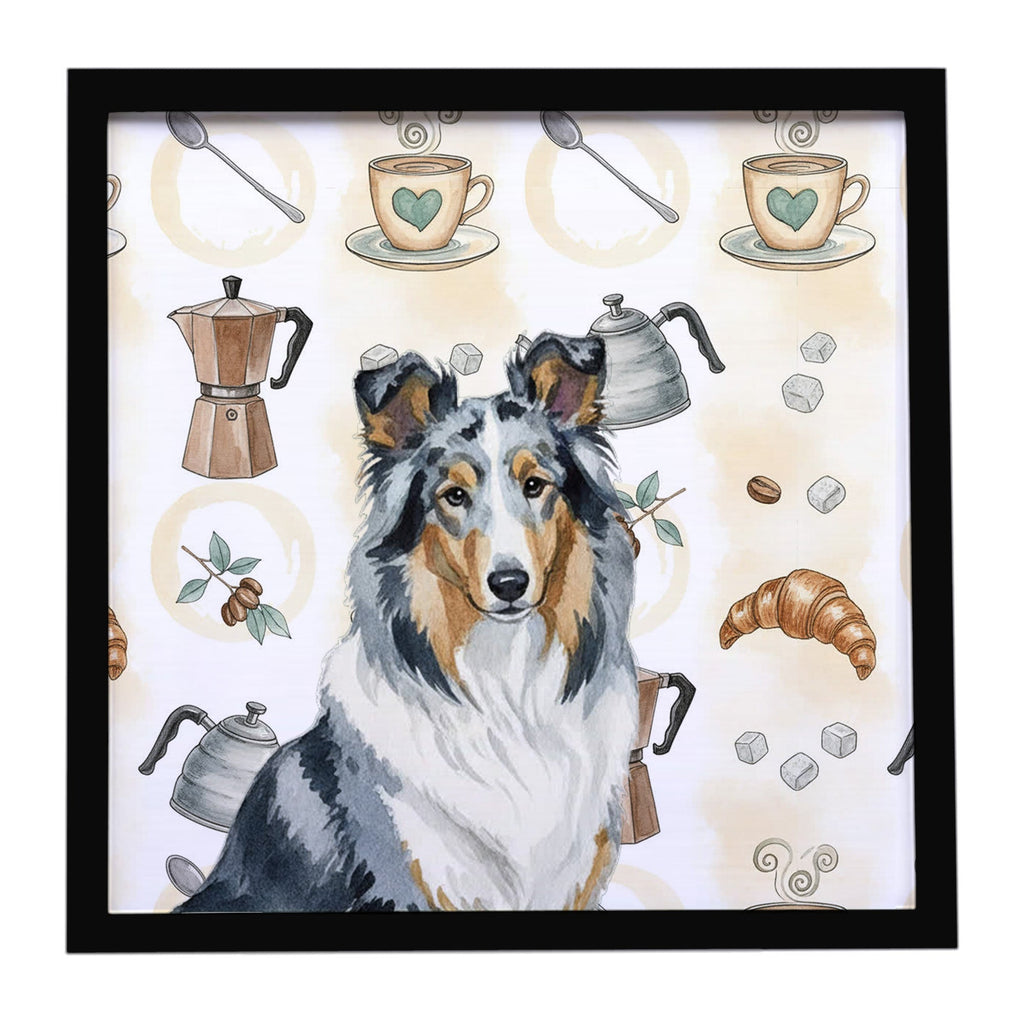 Blue Merle Collie Coffee Bar Framed Metal Print Bathroom, Kitchen, Office, Home Decor Wall Art Ready to Hang, Square, 8X8