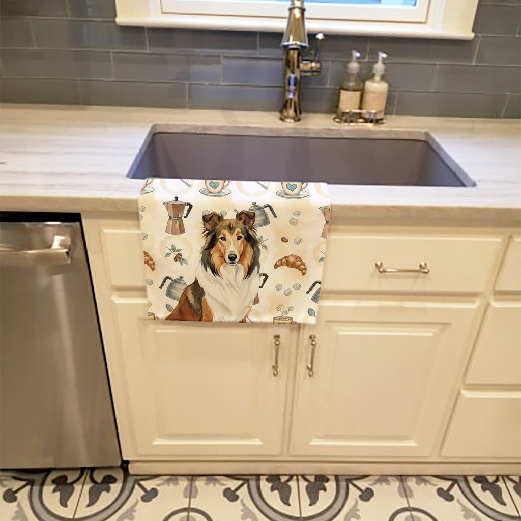 Sable Collie Coffee Bar Kitchen Towel Velour Plush Front and Cotton Loop Back Machine Washable