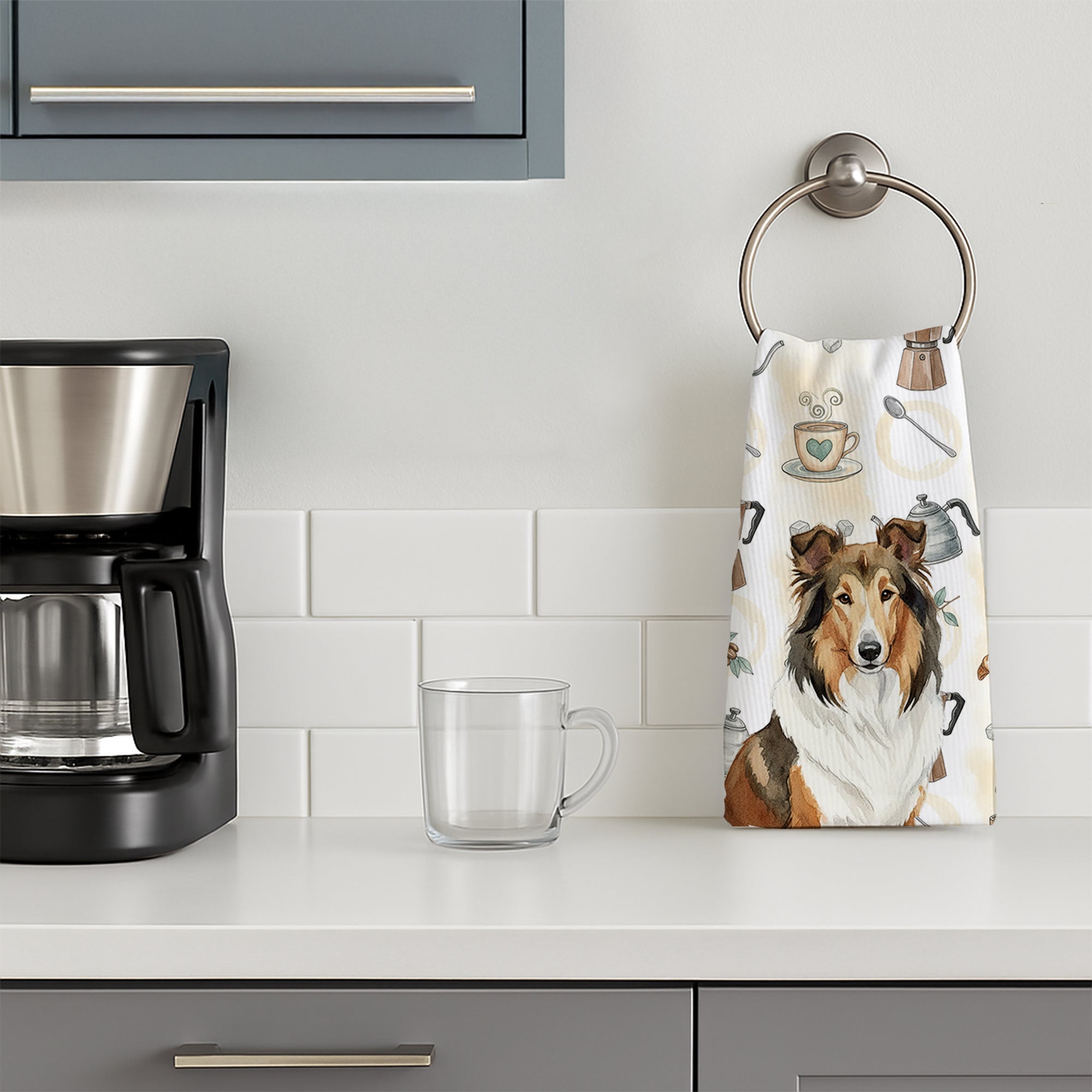 Sable Collie Coffee Bar Kitchen Towel Velour Plush Front and Cotton Loop Back Machine Washable