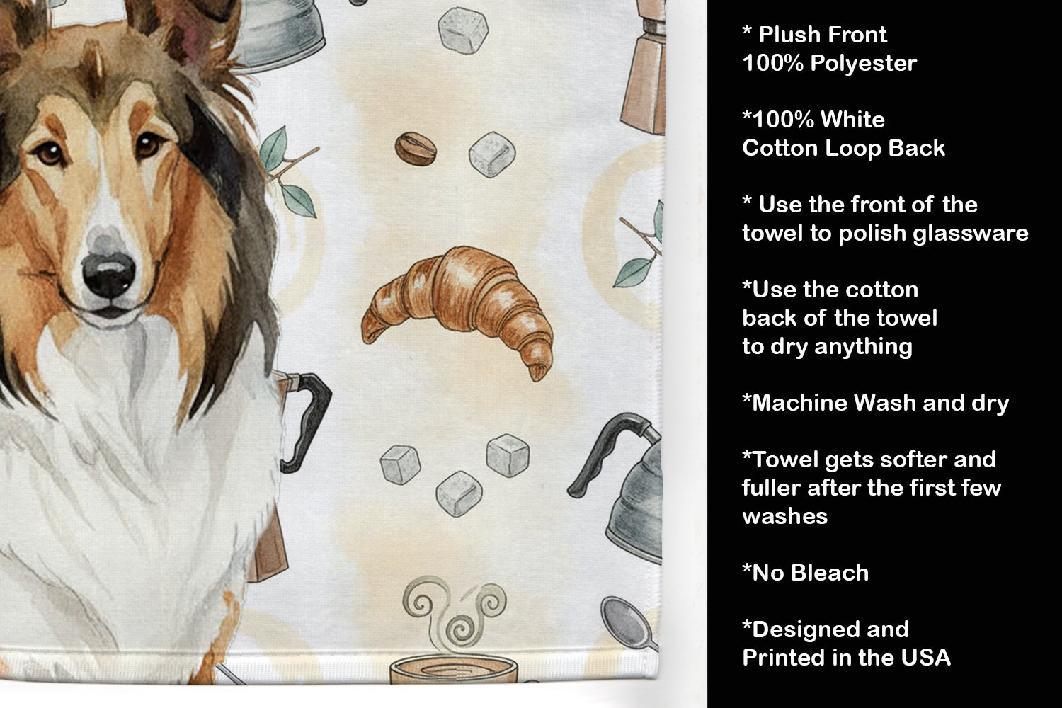 Sable Collie Coffee Bar Kitchen Towel Velour Plush Front and Cotton Loop Back Machine Washable