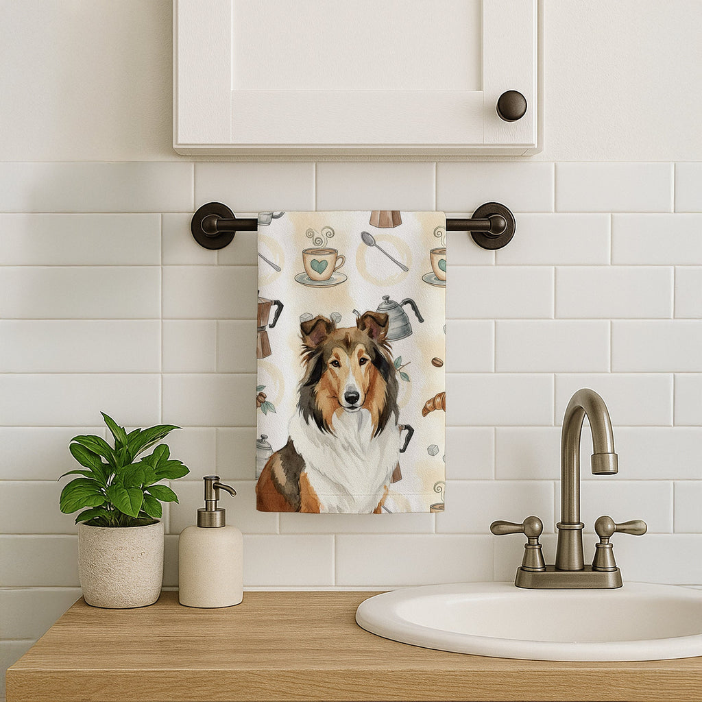 Sable Collie Coffee Bar Kitchen Towel Velour Plush Front and Cotton Loop Back Machine Washable