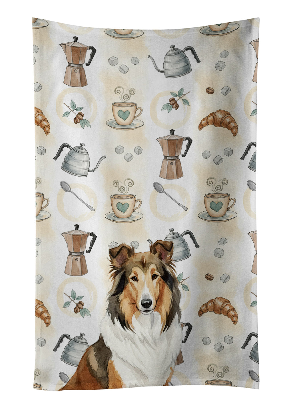 Sable Collie Coffee Bar Kitchen Towel Velour Plush Front and Cotton Loop Back Machine Washable