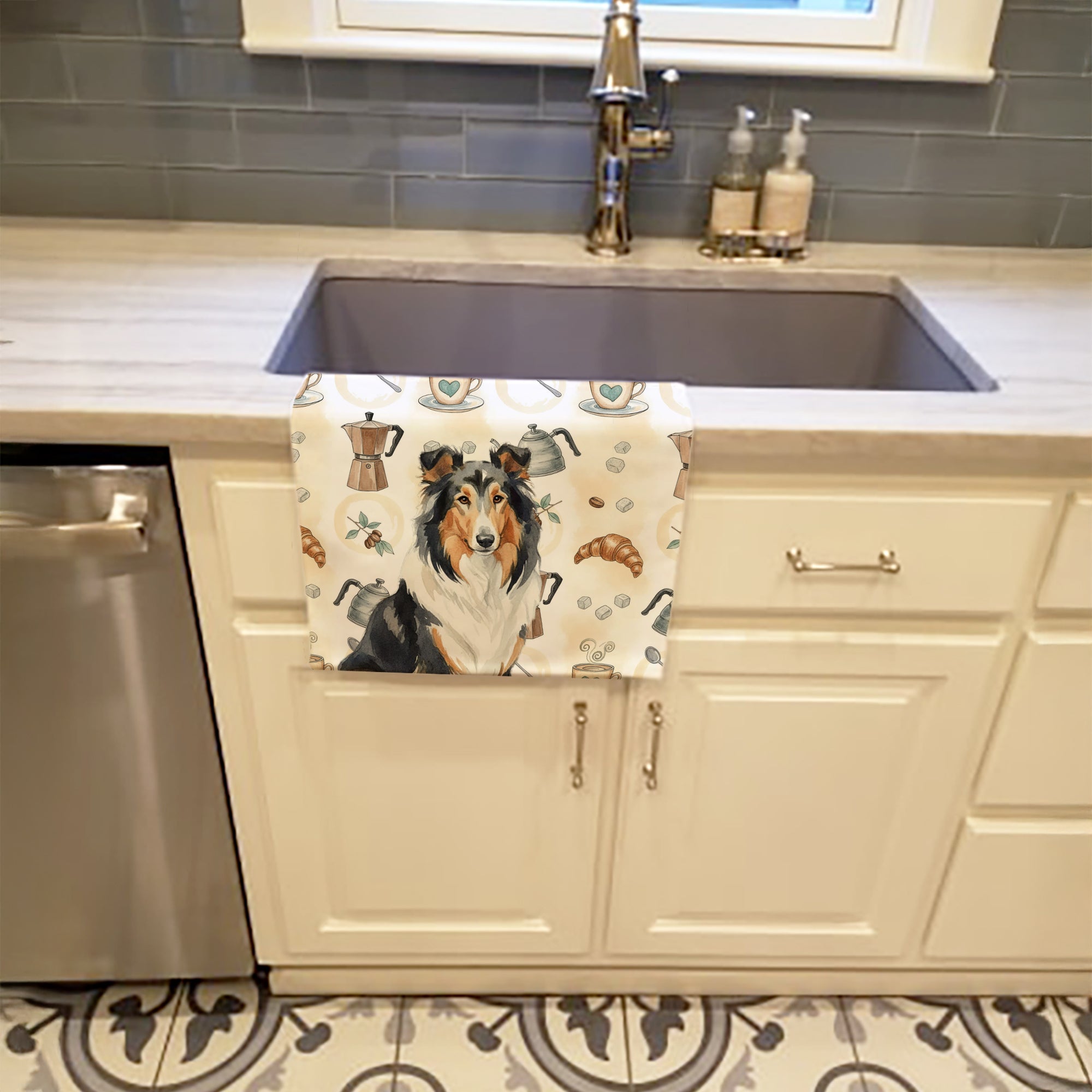 Tricolor Collie Coffee Bar Kitchen Towel Velour Plush Front and Cotton Loop Back Machine Washable