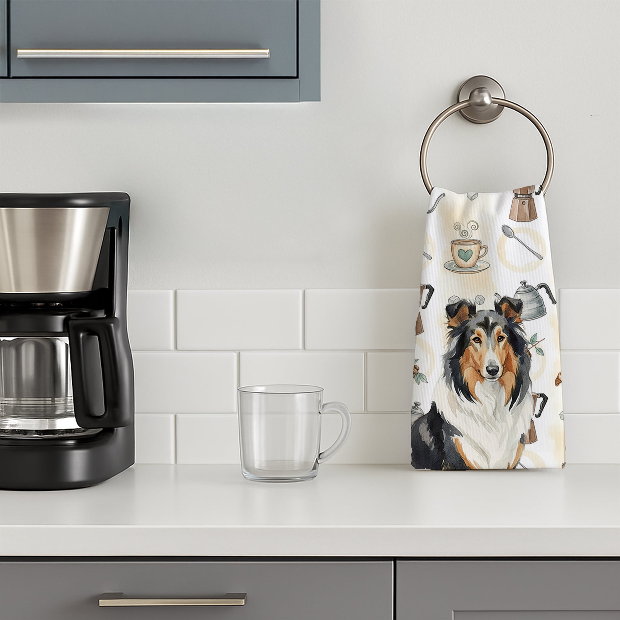 Tricolor Collie Coffee Bar Kitchen Towel Velour Plush Front and Cotton Loop Back Machine Washable