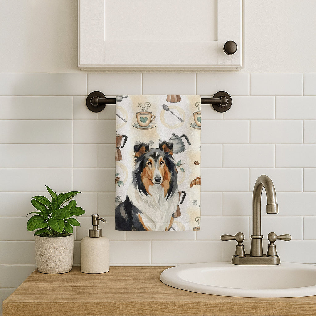 Tricolor Collie Coffee Bar Kitchen Towel Velour Plush Front and Cotton Loop Back Machine Washable