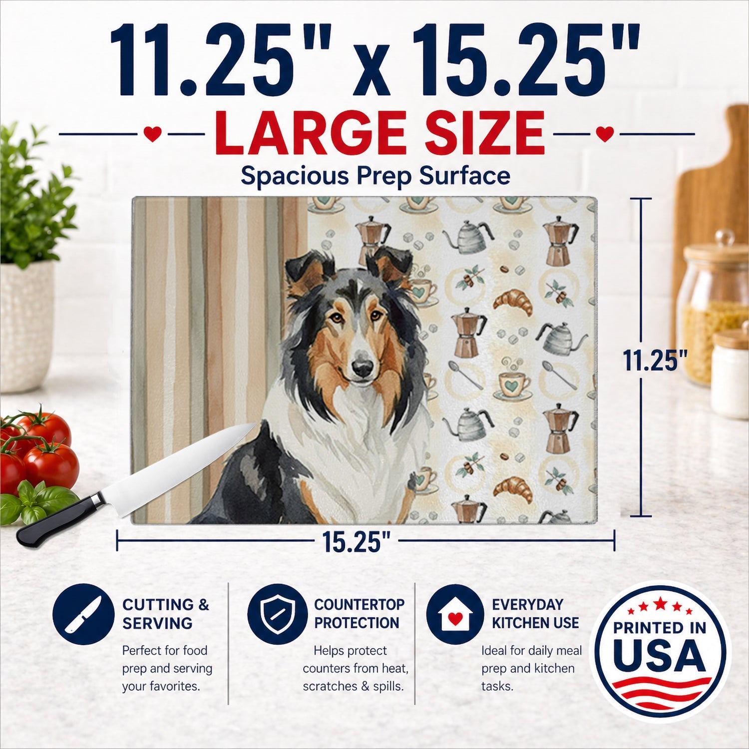Tricolor Collie Coffee Bar Cutting Board Tempered Glass Kitchen Cutting Surface, Heat Resistant Chopping, Non-Slip Feet, Food Prep & Serving